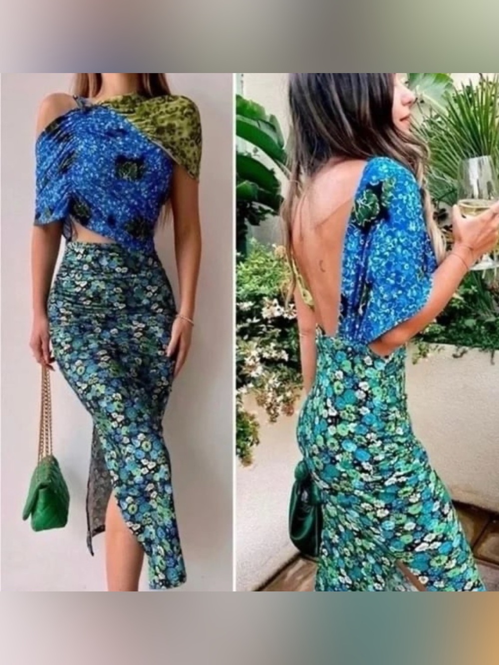 Zara Floral Midi Dress Asymmetrical Blue Green Print Blogger Fave